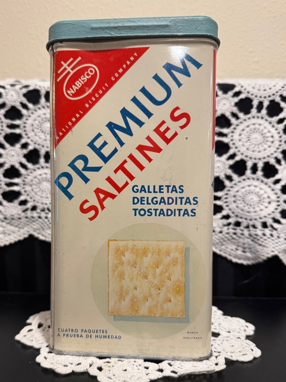 Nabisco Premium Saltines - Off White tin with Red, White & Blue Lettering.